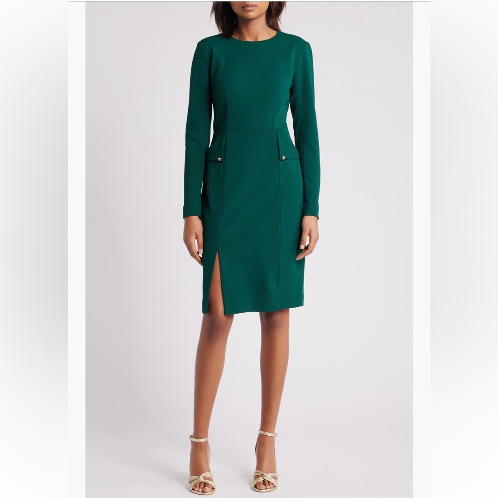 Eliza J Green long Sleeve Pocketed Sheath Dress